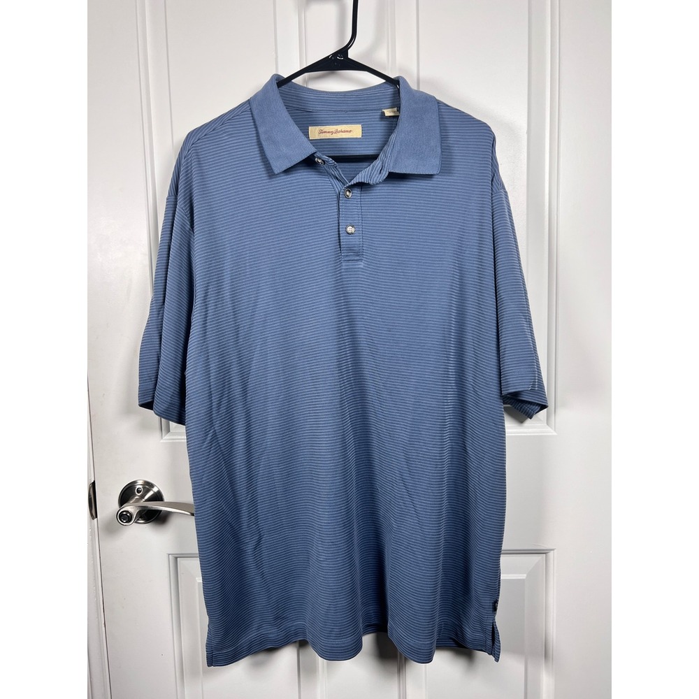 Tommy Bahama Mens XL Blue Micro Ribbed Short Sleeve Polo Shirt Casual Golf Tee